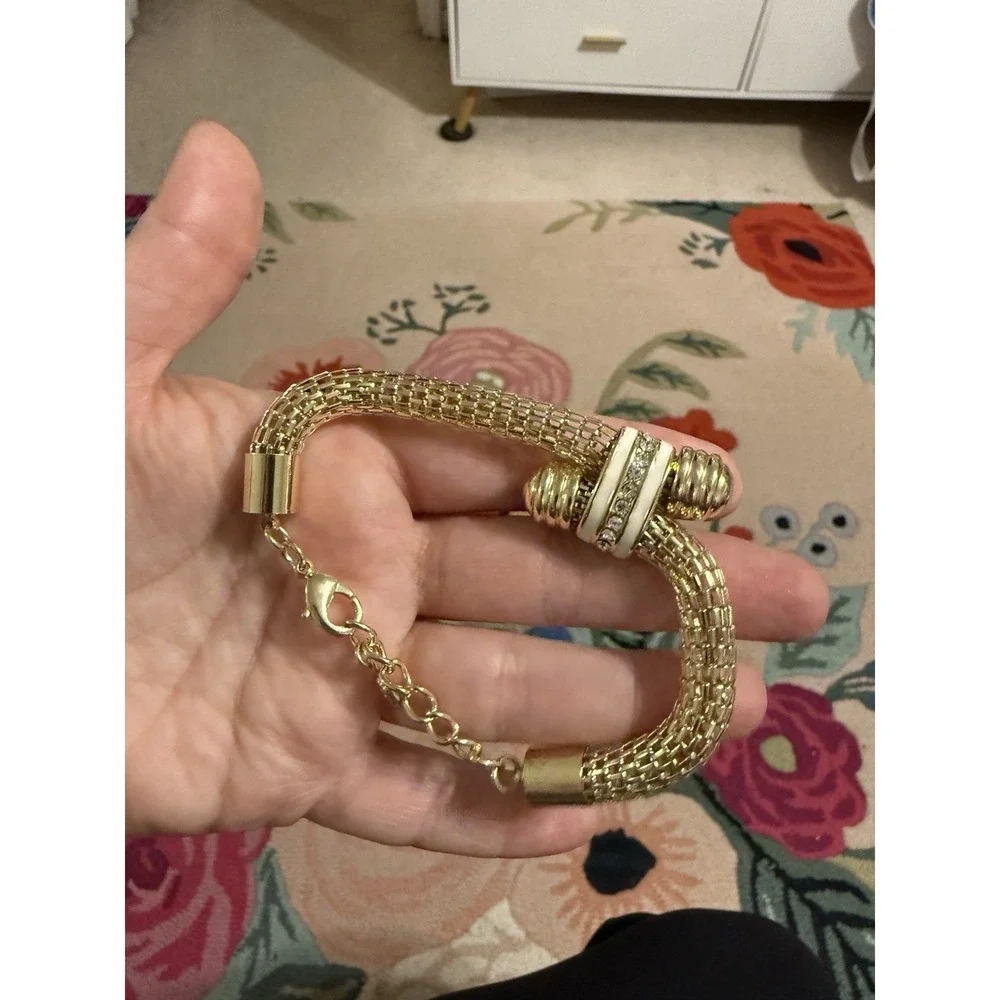 Gold Tone Mesh Knot Bracelet White Enamel Rhinestone Accents Adjustable Signed